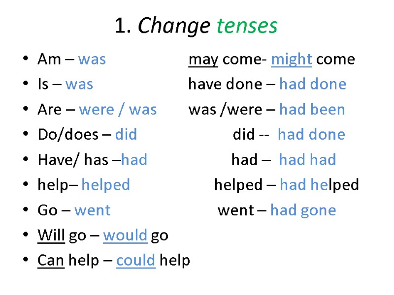 1. Change tenses Am – was        